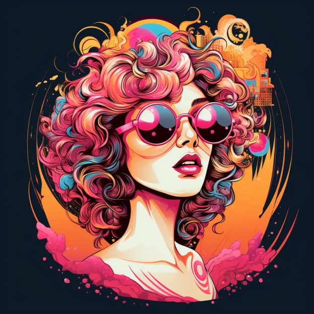 Absolutely, here's a descriptive alt text for the image: "Vibrant illustration of a woman with curly pink hair and oversized round sunglasses reflecting a colorful scene. The background bursts with a mix of warm tones and whimsical shapes, suggesting a lively, retro vibe."