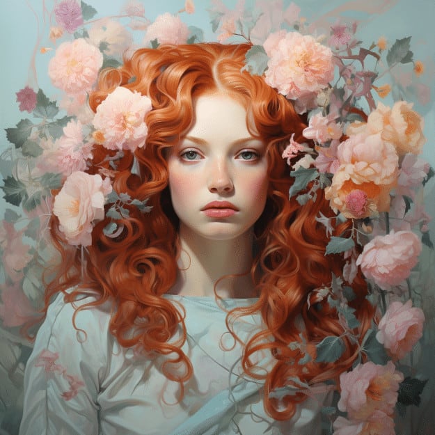 Absolutely! Here's an alt text for this image: "A portrait of a young woman with flowing red hair adorned with an array of soft pink and white flowers, creating a natural crown. Her fair complexion and thoughtful expression are set against a backdrop of delicate floral wallpaper, evoking a dreamy, ethereal atmosphere."