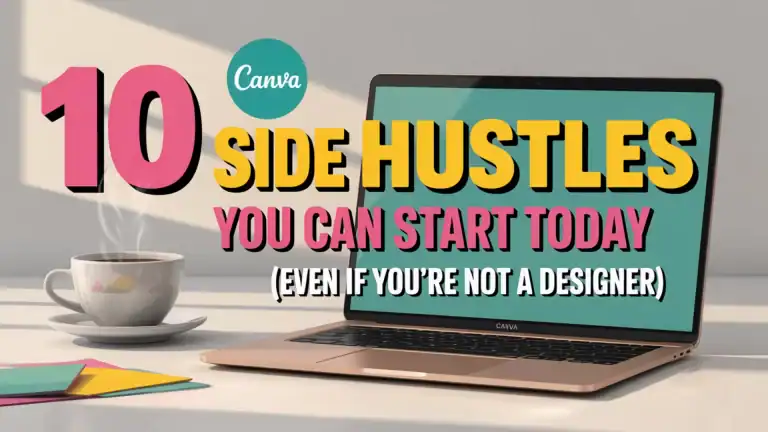 Bold, colorful text reads “10 Canva Side Hustles You Can Start Today (Even If You're Not a Designer)” over a scene featuring a steaming coffee cup, bright paper sheets, and a laptop with a teal screen. The Canva logo is included, and the setting suggests a creative, work-from-home vibe.