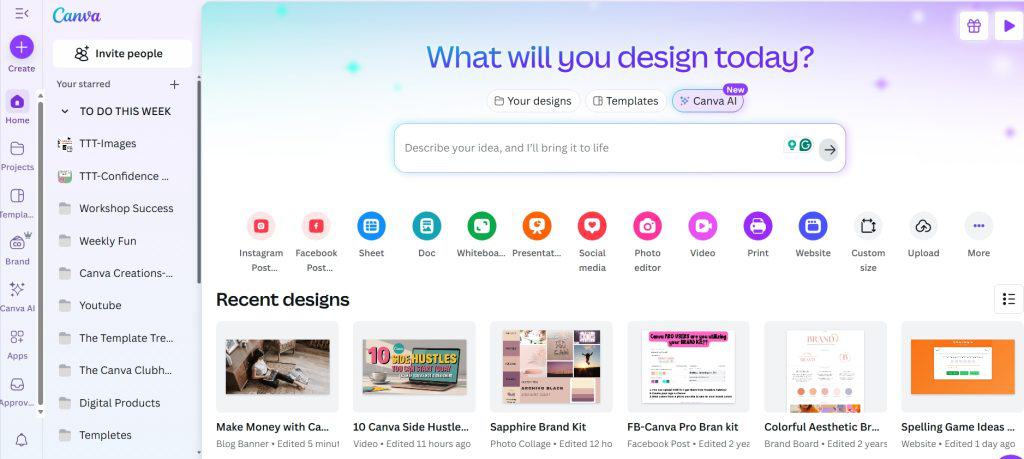Screenshot of the Canva dashboard with the prompt “What will you design today?” at the top, followed by options like Instagram Post, Facebook Post, Doc, Whiteboard, and more. The left sidebar shows folders like “TTT-Images,” “Workshop Success,” and “Digital Products.” Recent designs displayed include “10 Canva Side Hustles,” “Sapphire Brand Kit,” and “Spelling Game Ideas.” This is where you start to make money with Canva