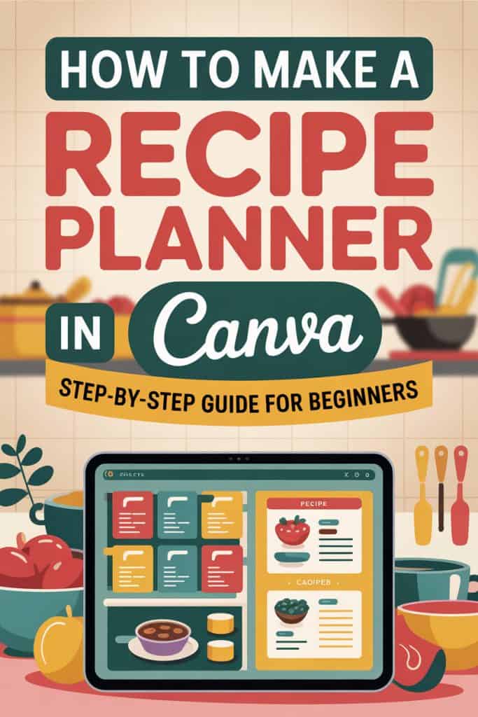 Tutorial cover image with the title “How to Make a Recipe Planner in Canva – Step-by-Step Guide for Beginners” displayed above a tablet screen showing digital recipe layouts. Surrounded by illustrations of kitchen utensils, pots, and fruits, set against a tiled kitchen wall background.