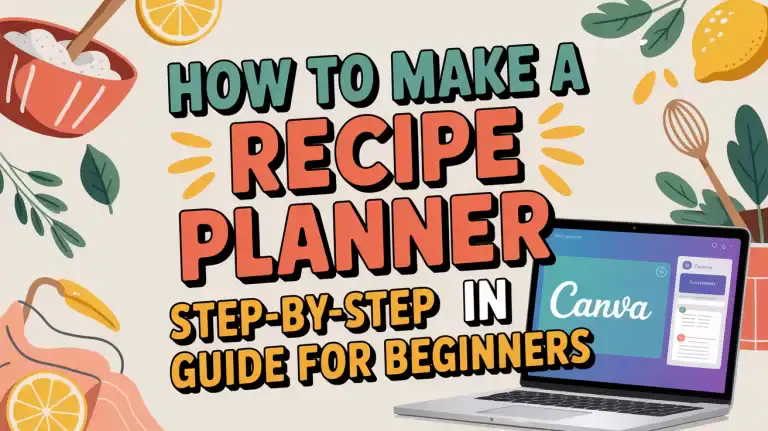 llustrated tutorial banner with the title “How to Make a Recipe Planner – Step-by-Step Guide for Beginners in Canva.” Surrounded by whimsical kitchen elements like a lemon, whisk, herbs, apron, and a bowl of flour. A laptop displays the Canva logo, suggesting the guide is digital-design focused.