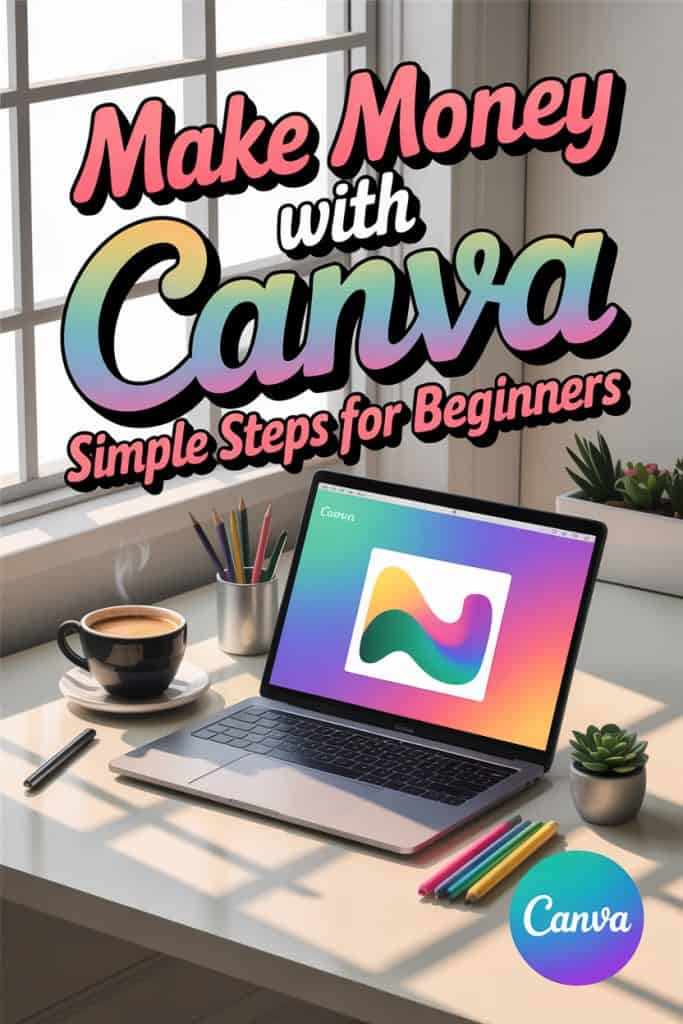 Bright Canva-themed poster with the headline “Make Money with Canva: Simple Steps for Beginners” and subtext “Unlock Your Design Potential.” The image features a laptop displaying Canva’s logo, surrounded by coffee, pencils, notebooks, and plants on a sunlit workspace.