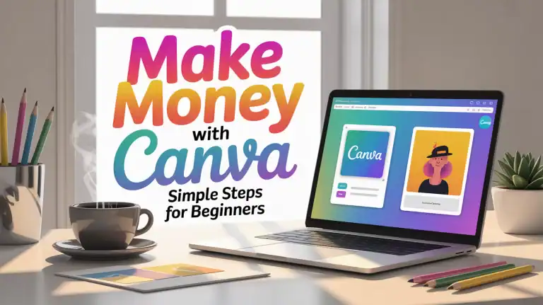 Promotional image with bold, colorful text reading “Make Money with Canva – Simple Steps for Beginners” beside a laptop displaying Canva's interface. The scene includes a coffee cup, colored pencils, and natural light streaming in through a window, creating a cozy and creative work vibe.