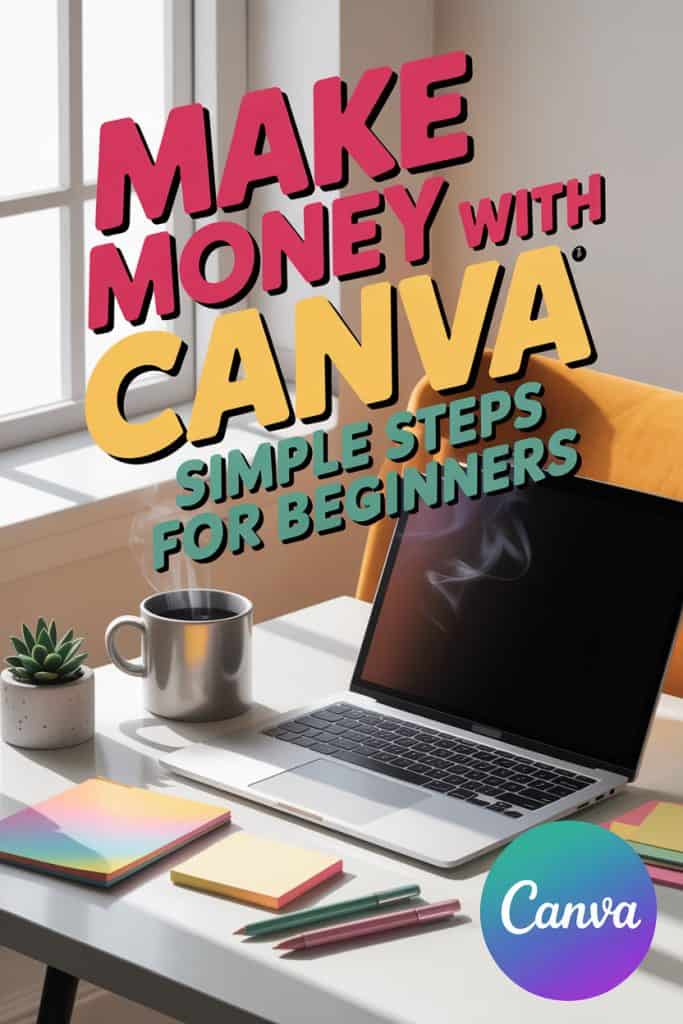 Vertical graphic showing the phrase “Make Money with Canva – Simple Steps for Beginners” in bold pastel text. A laptop with a gradient Canva logo is placed on a sunlit desk next to a cup of coffee, pencils, and a potted plant, evoking a calm and productive environment.