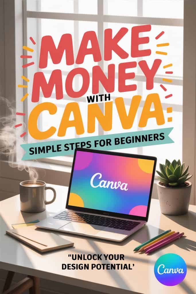 Vibrant, vertical promotional graphic with the headline “Make Money with Canva – Simple Steps for Beginners” in bold yellow and pink. A laptop sits on a white desk with pastel sticky notes and colorful pens, aimed at creators interested in printables