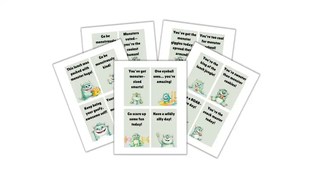A set of printable lunchbox notes featuring colorful cartoon monsters with playful and encouraging messages like “You’ve got monster-sized smarts!” and “This lunch was packed with monster hugs!” Each card includes cheerful illustrations of monsters paired with kid-friendly affirmations and silly jokes.