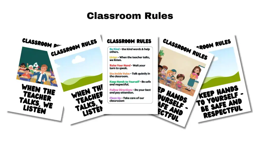 A set of illustrated classroom rules posters for kids, featuring cartoon students, bright classroom scenes, and bold text with messages like “When the teacher talks, we listen” and “Keep hands to yourself – be safe and respectful.” The center poster lists detailed rules in colorful text such as “Be Kind,” “Raise Your Hand,” “Use Inside Voice,” and “Clean Up.”