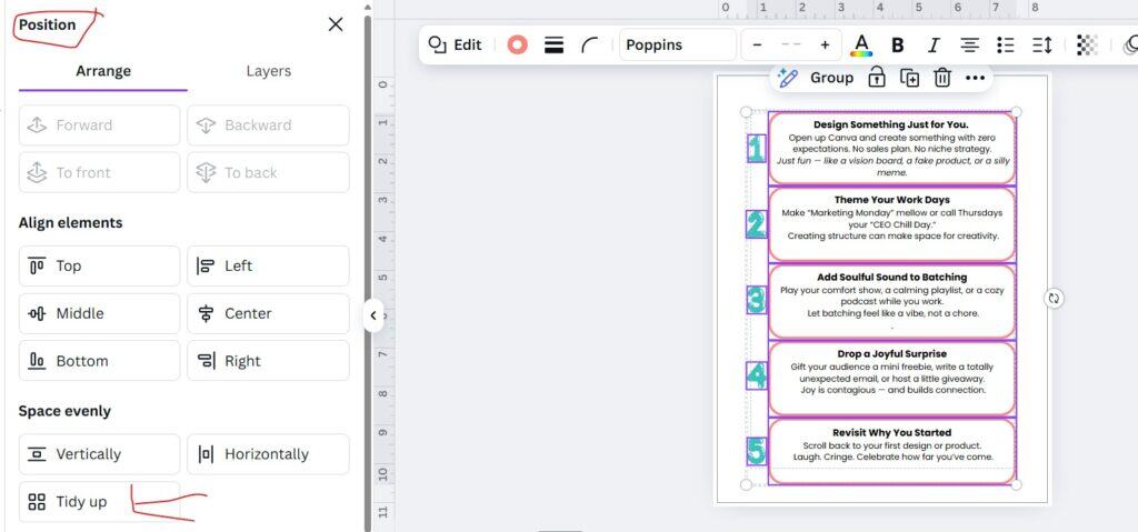Screenshot of Canva’s Position panel with the “Tidy up” and “Align elements” tools visible on the left, and a grouped vertical layout on the right showing a design titled “10 Ways to Reset” with numbered creative tips in purple-bordered boxes.