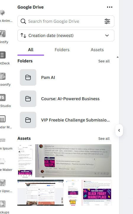 A Google Drive sidebar inside Canva showing folder structure and asset previews, emphasizing how connecting Google Drive to Canva enables easy file navigation, media import, and real-time content usage in design projects.