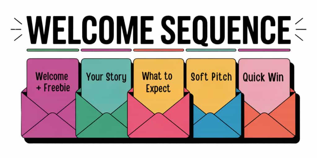 Graphic titled “WELCOME SEQUENCE” displaying five colorful open envelopes labeled: “Welcome + Freebie,” “Your Story,” “What to Expect,” “Soft Pitch,” and “Quick Win.” This visual outlines a structured welcome email sequence designed to onboard new subscribers with clarity and purpose.