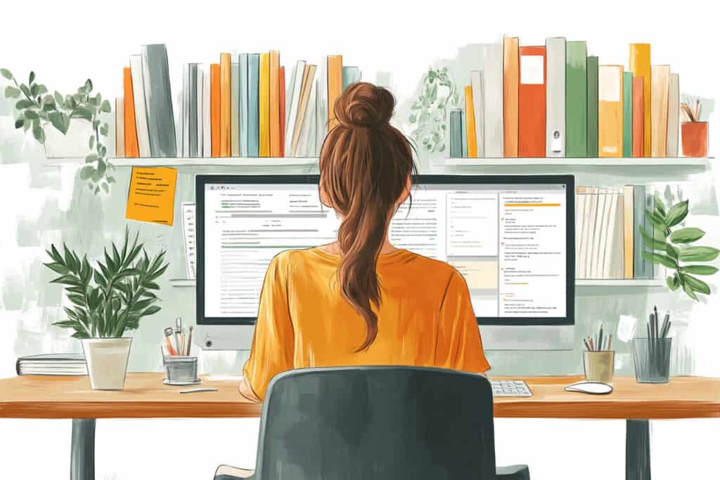 A woman sits at a desk with a dual-monitor setup, likely managing content and productivity tools, symbolizing the workflow benefits of connecting Google Drive to Canva. Her organized workspace, filled with plants, books, and notes, reflects creative efficiency in digital design environments.