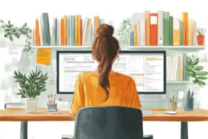 A woman sits at a desk with a dual-monitor setup, likely managing content and productivity tools, symbolizing the workflow benefits of connecting Google Drive to Canva. Her organized workspace, filled with plants, books, and notes, reflects creative efficiency in digital design environments.