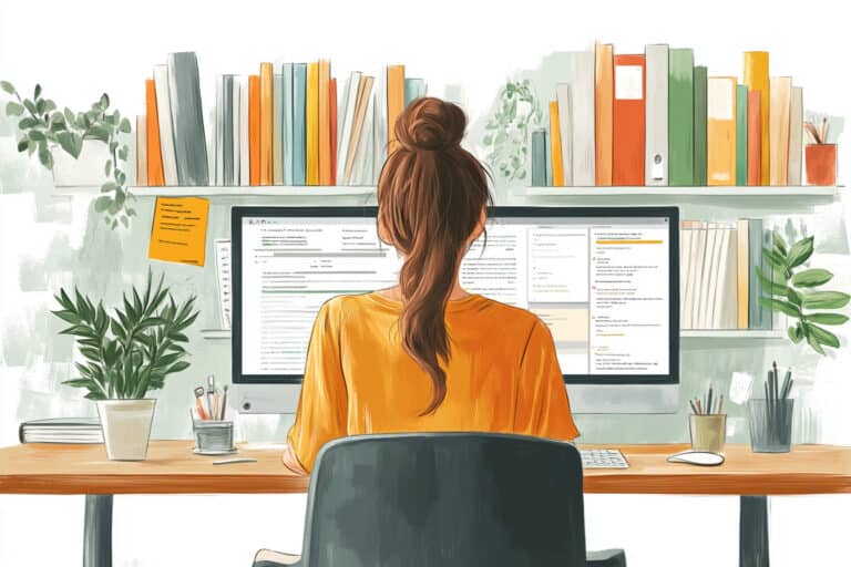 A woman sits at a desk with a dual-monitor setup, likely managing content and productivity tools, symbolizing the workflow benefits of connecting Google Drive to Canva. Her organized workspace, filled with plants, books, and notes, reflects creative efficiency in digital design environments.