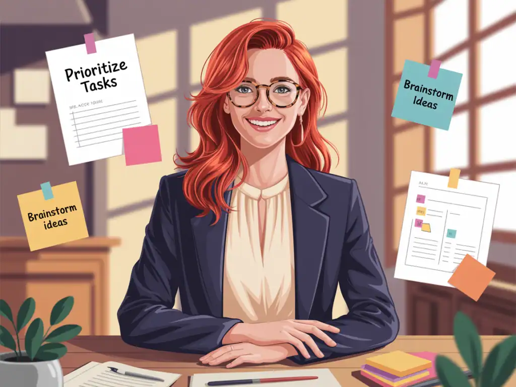 An illustration of a confident red-haired woman in a blazer sitting at a desk, surrounded by sticky notes that say “Prioritize Tasks” and “Brainstorm Ideas,” representing planning and productivity
