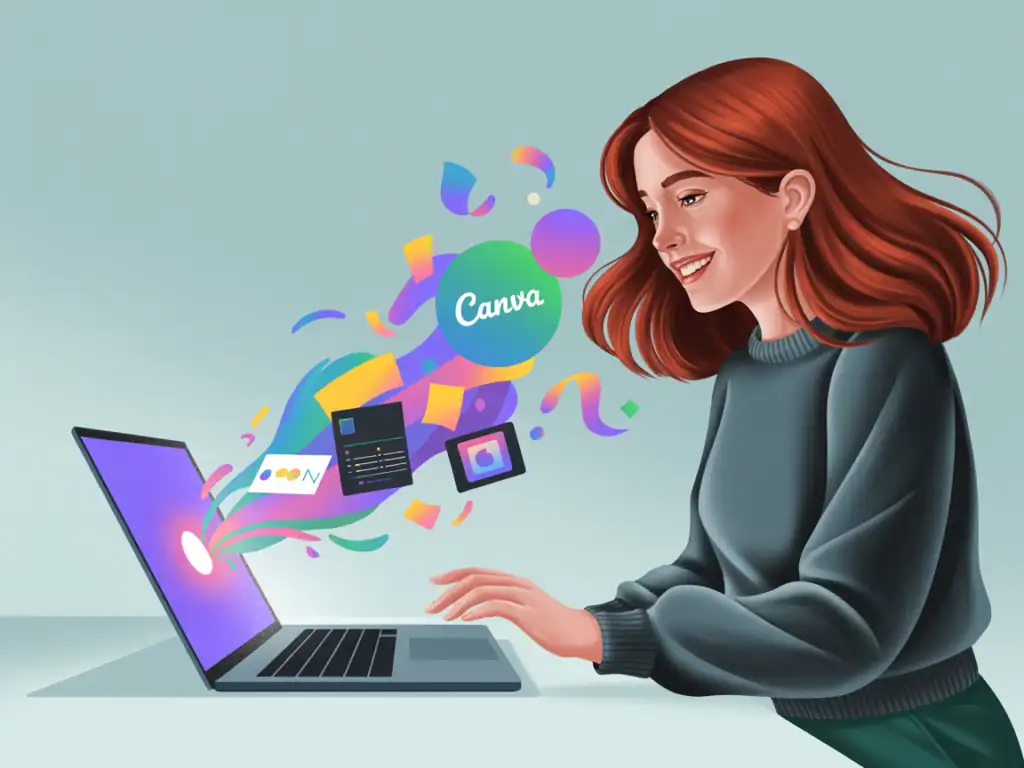 Illustration of a red-haired woman smiling at a laptop with colorful digital design elements and the Canva logo flowing from the screen, symbolizing creativity and digital content creation.