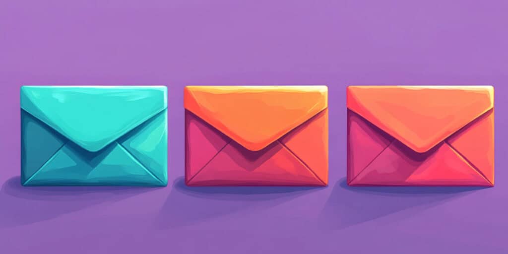 Three stylized envelopes in teal, orange, and coral are lined up against a vibrant purple background, visually representing steps in a welcome email sequence. The colorful layout symbolizes email flow and structured communication for onboarding new subscribers.