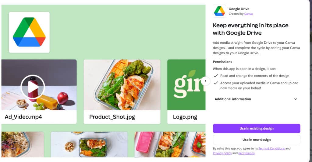 Canva interface displaying the Google Drive app integration with media thumbnails, demonstrating how connecting Google Drive to Canva allows direct access to videos, product shots, and logos. The right panel explains permissions needed for syncing designs and media seamlessly.