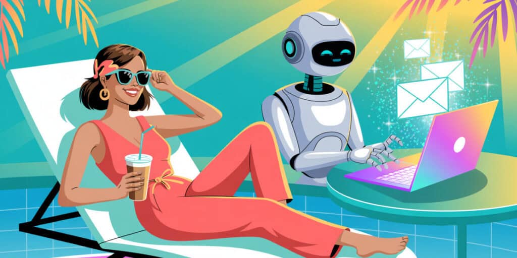 A relaxed woman lounges by the pool with a drink while a cheerful robot types on a vibrant laptop, sending glowing email icons into the air—symbolizing how automating your welcome email sequence can create freedom and efficiency in your business.