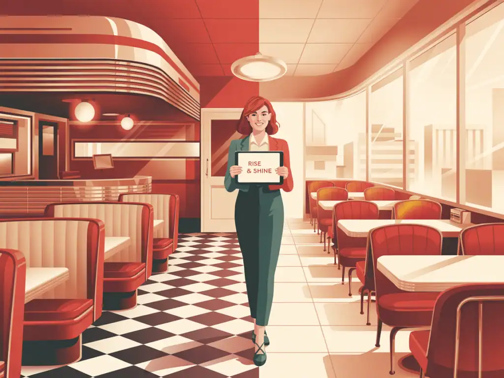 Retro-style illustration of a red-haired woman in business attire standing in a classic diner, holding a sign that reads “Rise & Shine,” suggesting a fresh start or transformation.