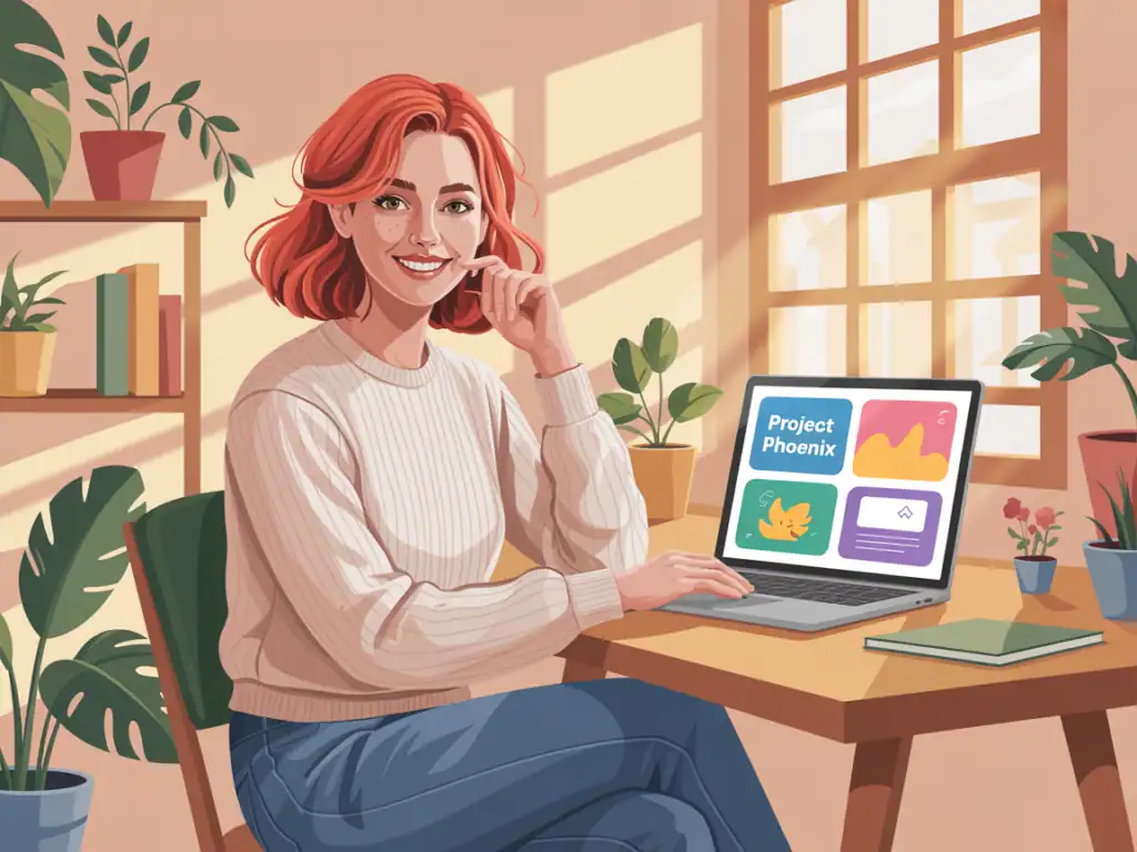 Illustration of a cheerful red-haired woman sitting at a sunlit desk with houseplants and a laptop showing a dashboard labeled “Project Phoenix,” symbolizing productivity and personal growth.