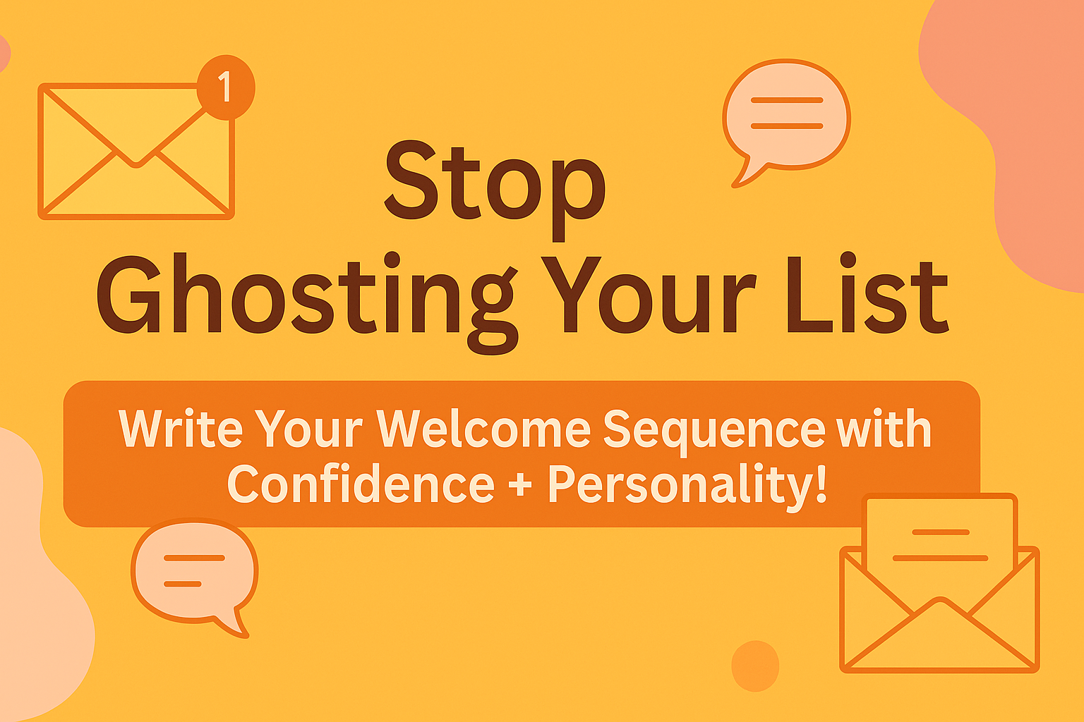Bright, engaging graphic with the headline “Stop Ghosting Your List” and a subheading that reads, “Write Your Welcome Sequence with Confidence + Personality!” The design includes email and chat icons, reinforcing the importance of crafting a consistent and personalized welcome email sequence for audience connection.