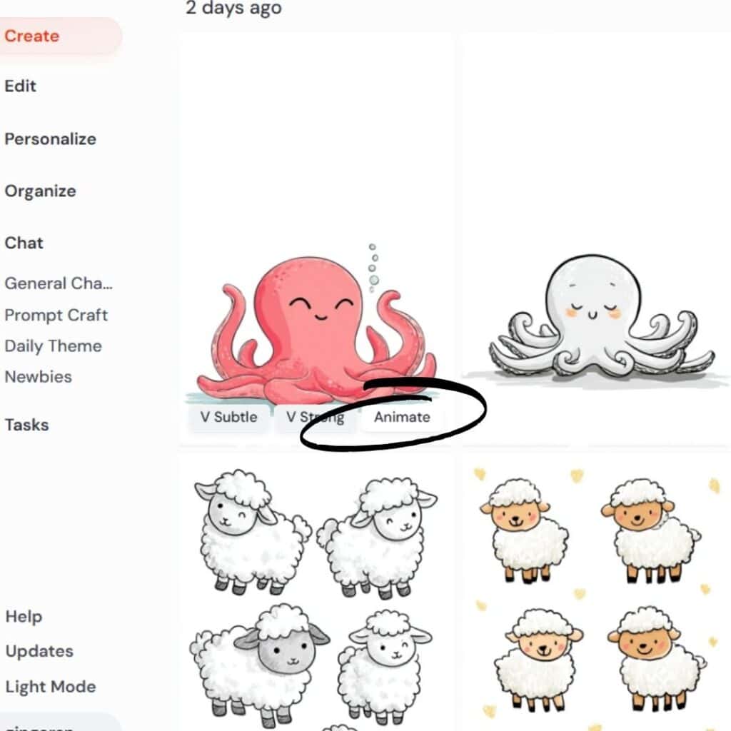 Screenshot of a pink animated octopus with “Animate” option selected, illustrating character motion tools—useful in Midjourney video content on playful illustration workflows