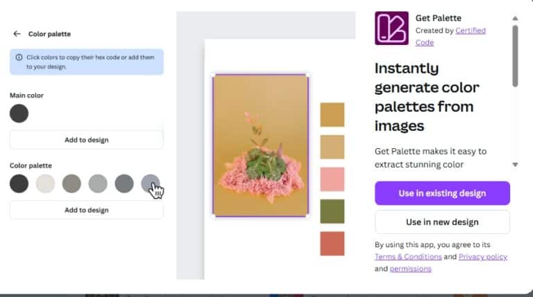 Screenshot of the Get Palette app in the Canva platform