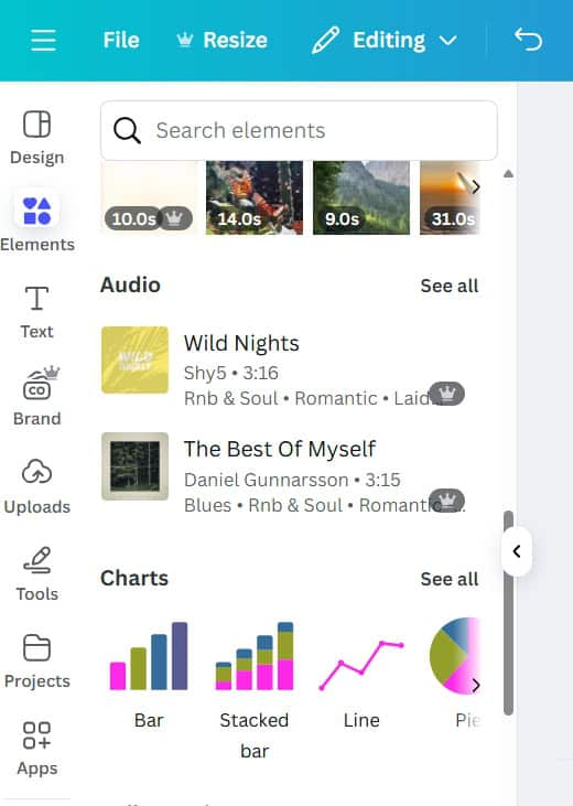 Canva’s audio panel open to the “Generate AI voice” option, highlighting background music choices—perfect for Midjourney video creators adding sound design and narration.