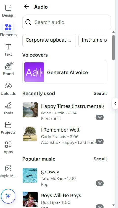 Elements tab in Canva showing audio tracks and chart styles, ideal for Midjourney video creators combining visuals with dynamic data and music tracks.