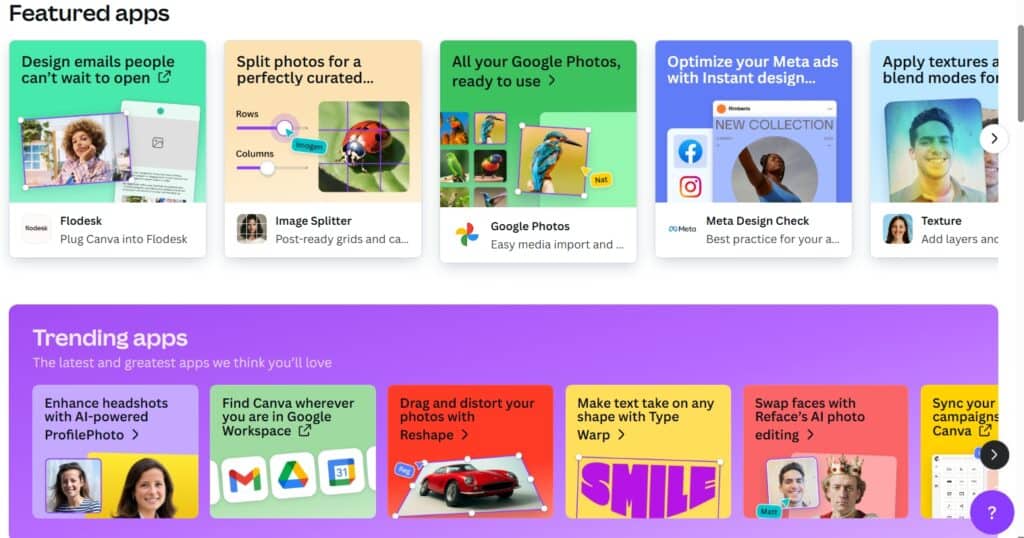 Screenshot from Canva’s “Featured Apps” and “Trending Apps” section, displaying colorful tools including the Carousel Studio app. Suggests the Canva Carousel Studio app as one of the popular creative options available on the platform.