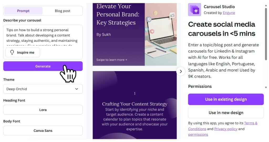 Screenshot of the Canva Carousel Studio app interface showing a content prompt form, “Generate” button, and carousel preview. Demonstrates how users can create a social media carousel in under five minutes using Canva’s intuitive AI-powered tool.