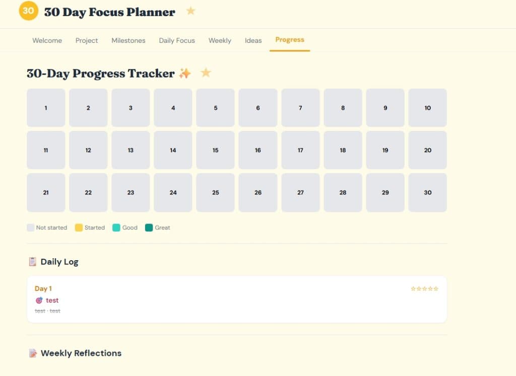 Screenshot of the last page- the Progress tracker.